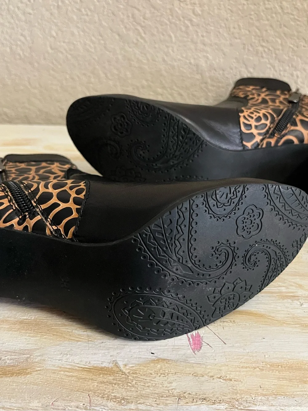 Women's Black Ankle Boots with Tan Floral Cutout Panels